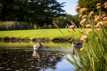 a pond with resting ducks, created with generative aiの素材