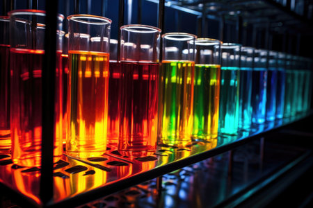 test tubes in a rack with different color liquids, created with generative aiの素材