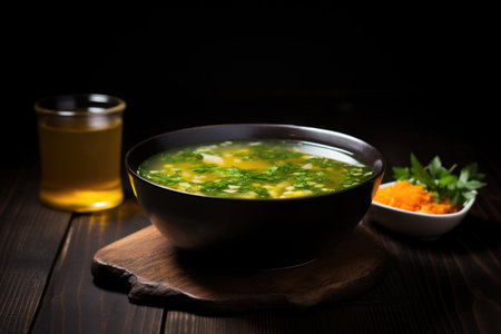 bowl of en soup on a dark wooden table, created with generative aiの素材