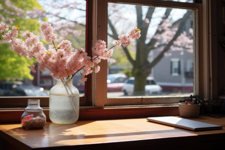 a window showing blooming cherry blossoms and a desk, created with generative aiの素材