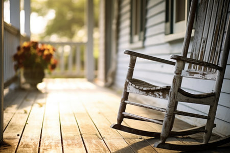 close-up of empty rocking chair on a porch, created with generative aiの素材