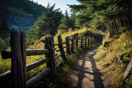 wooden fencing along wilderness hiking trail, created with generative aiの素材