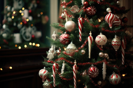 christmas tree decorated with candy-cane ornaments, created with generative aiの素材
