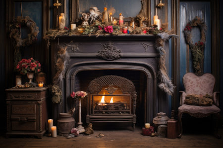 a faux fireplace adorned with stockinged props, created with generative aiの素材