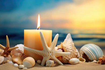a lit, scented candle with sea shells around it, created with generative aiの素材
