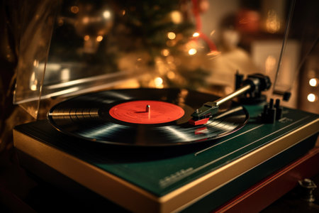 a record player spinning a vinyl of christmas carols, created with generative aiの素材