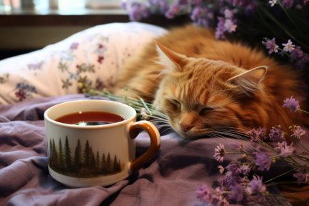 herbal tea in a cup next to a slumbering cat, created with generative aiの素材