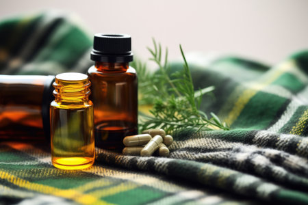 herbal sleeping aids in a pill bottle next to a bed, created with generative aiの素材
