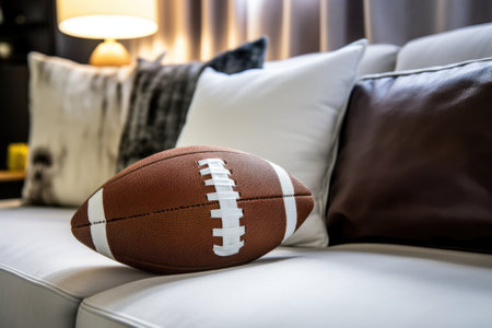 a football next to a plush white pillow, created with generative aiの素材