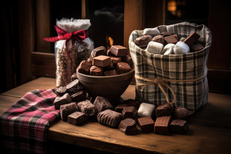woolen stocking filled with homemade chocolates on a rustic table, created with generative aiの素材