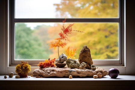 small zen rock garden on a window sill, created with generative aiの素材