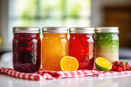 stack of homemade preserves in mason jars, created with generative aiの素材