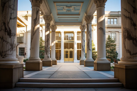 wide-angle shot of office building entrance flanked by antique columns, created with generative aiの素材
