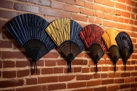 a row of hand fans hanging on a line against a brick wall, created with generative aiの素材