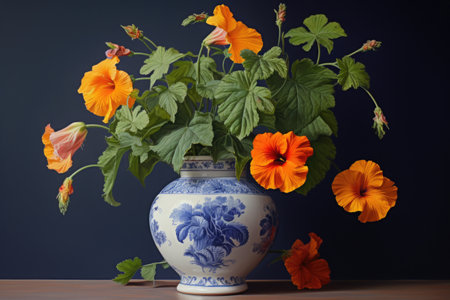 a hibiscus plant with multiple flowers in a ceramic pot, created with generative aiの素材