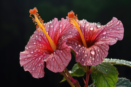 hibiscus flower with dew drops in early morning light, created with generative aiの素材