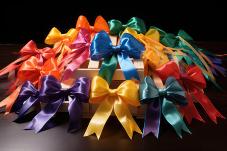 a collection of colorful carpentry nails tied with a rainbow ribbon, created with generative aiの素材