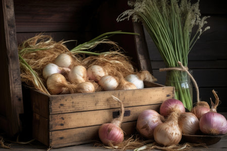 close-up of onions lying in a rustic wooden crate, created with generative aiの素材