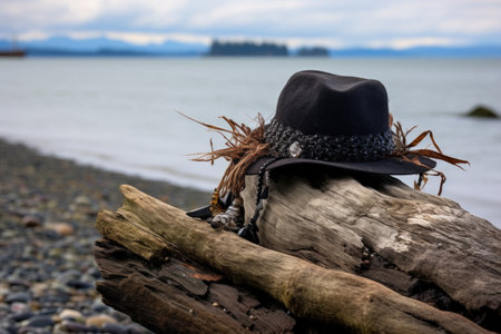 pirate hat on a driftwood log with the sea in the background, created with generative aiの素材