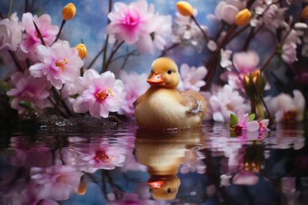 a rubber duck in a puddle, surrounded by spring flowers, created with generative aiの素材