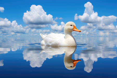 rubber duck in a puddle with a deep blue sky and clouds reflected, created with generative aiの素材