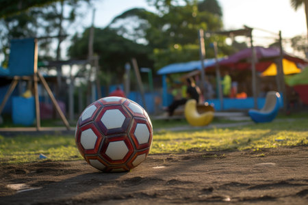 soccer ball lying near a jungle gym with a blurred playground in the background, created with generative aiの素材