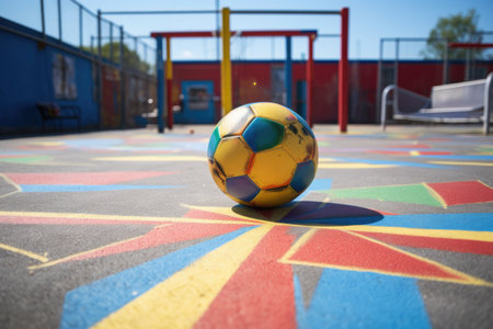 close-up shot of a soccer ball with a hopscotch game painted on the playground floor, created with generative aiの素材