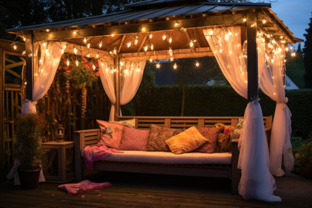 a sun lounger under a gazebo, surrounded by hanging fairy lights, created with generative aiの素材