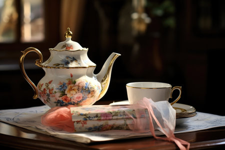 a delicate porcelain teapot near a stack of presentation papers on the table, created with generative aiの素材