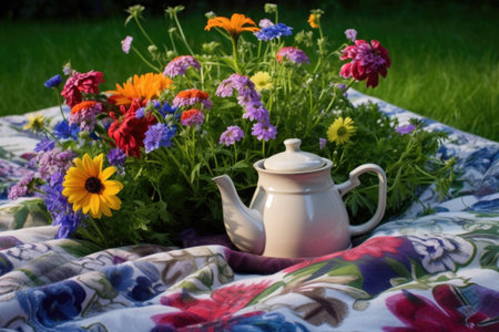 teapot surrounded by wildflowers on a soft wool picnic blanket, created with generative aiの素材