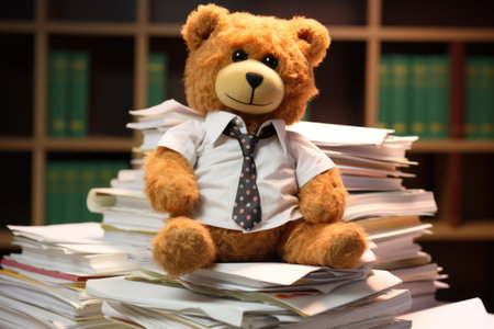 a plush teddy bear sitting on a stack of work papers, created with generative aiの素材