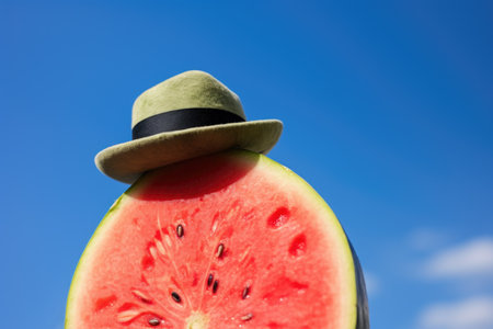 watermelon wearing a bright summer hat on a boat deck, created with generative aiの素材