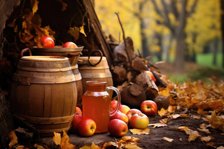 clay jars filled with apple cider near strewn autumn leaves, created with generative aiの素材