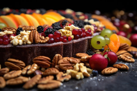 detailed view of a cakes crust with nuts and fruits, created with generative aiの素材