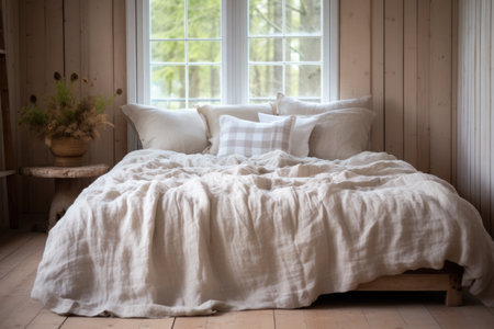 linen duvet cover placed on a wooden table, created with generative aiの素材
