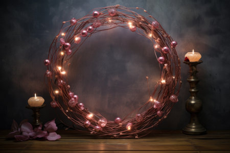 copper wire christmas wreath adorned with light bulbs, created with generative aiの素材