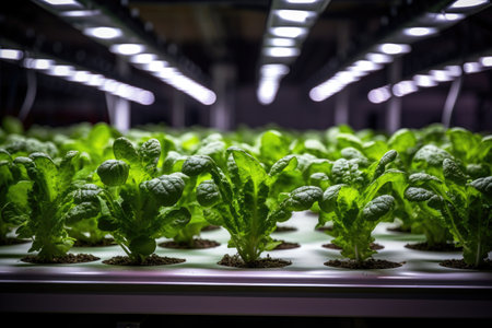 a row of hydroponic plants growing under led lights, created with generative aiの素材