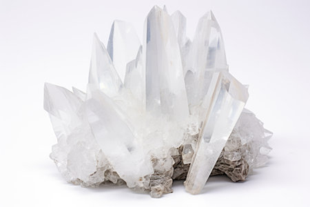 cluster of clear quartz crystals on a white backdrop, created with generative aiの素材