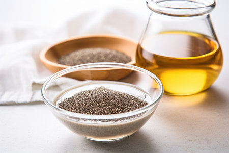 a bowl holding chia seeds next to a mixture of chia seed water, created with generative aiの素材