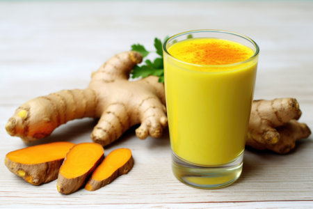 raw turmeric root next to a turmeric smoothie, created with generative aiの素材