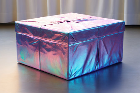 a giant gift box with iridescent wrapping paper, created with generative aiの素材