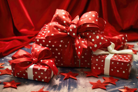gifts with star-patterned christmas wrapping paper and big red bows, created with generative aiの素材