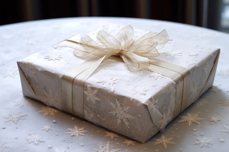 rectangular gift covered in white wrapping paper with snowflakes, created with generative aiの素材