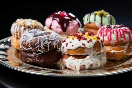 doughnut-like sufganiyots with various fillings, created with generative aiの素材