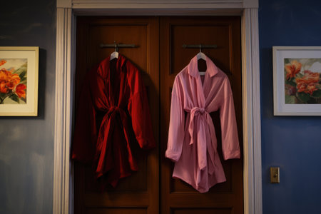 pair of honeymoon robes hanging on a bathroom door, created with generative aiの素材