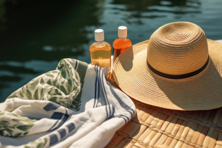 boat ride items: straw hat, sunscreen, and towel, created with generative aiの素材