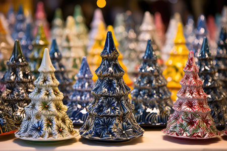 brightly decorated porcelain christmas tree decorations at a fair, created with generative aiの素材