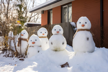 group of snowmen sculptures in the yard, created with generative aiの素材
