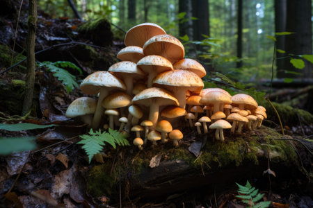 group of different-sized mushrooms growing together in the forest, created with generative aiの素材