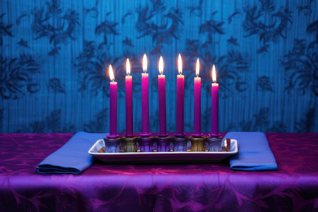 purple candles on menorah against blue fabric or paper, created with generative aiの素材